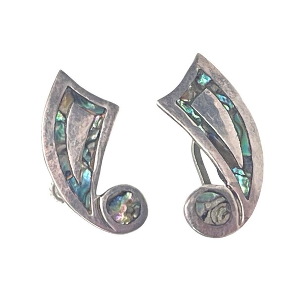 Vintage Abalone and  Sterling Silver Screw Back Earrings Marked B Taxco Sterling - Picture 1 of 8